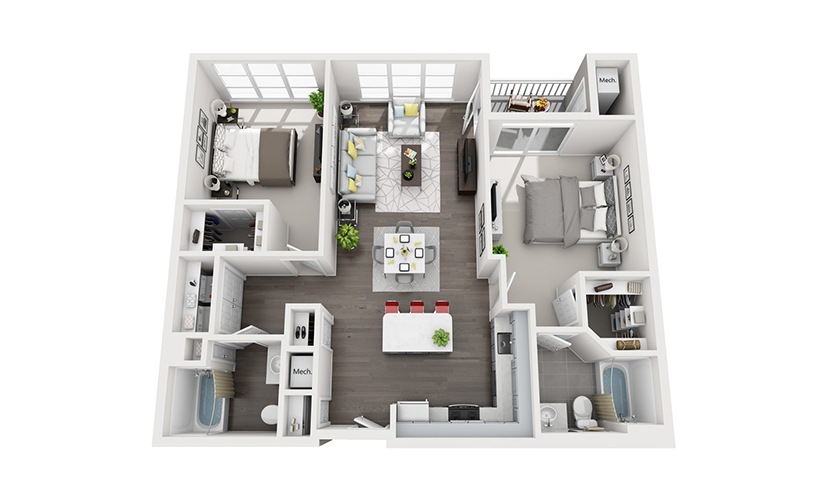 B1 - 2 bedroom floorplan layout with 2 bathrooms and 1144 square feet