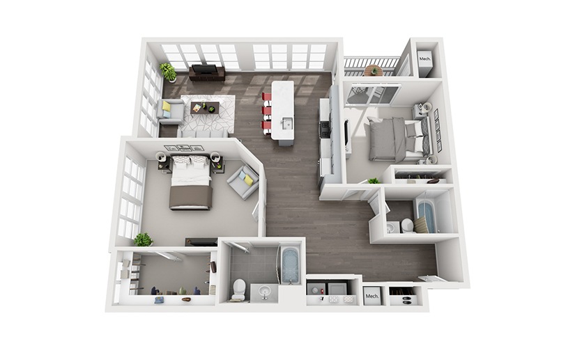 B3 - 2 bedroom floorplan layout with 2 bathrooms and 1310 square feet