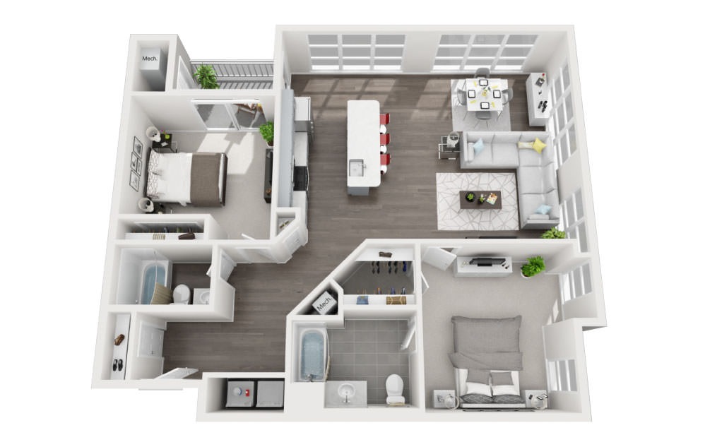 B3.1 - 2 bedroom floorplan layout with 2 baths and 1357 square feet.