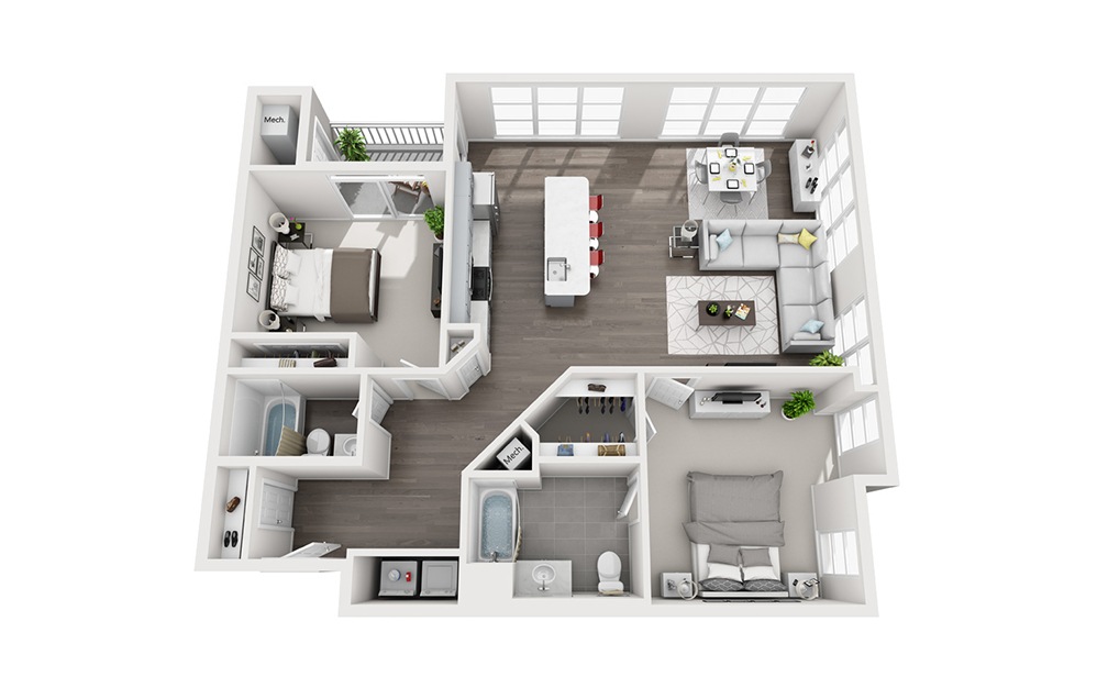 B3 Loft - 2 bedroom floorplan layout with 2 baths and 1492 square feet.