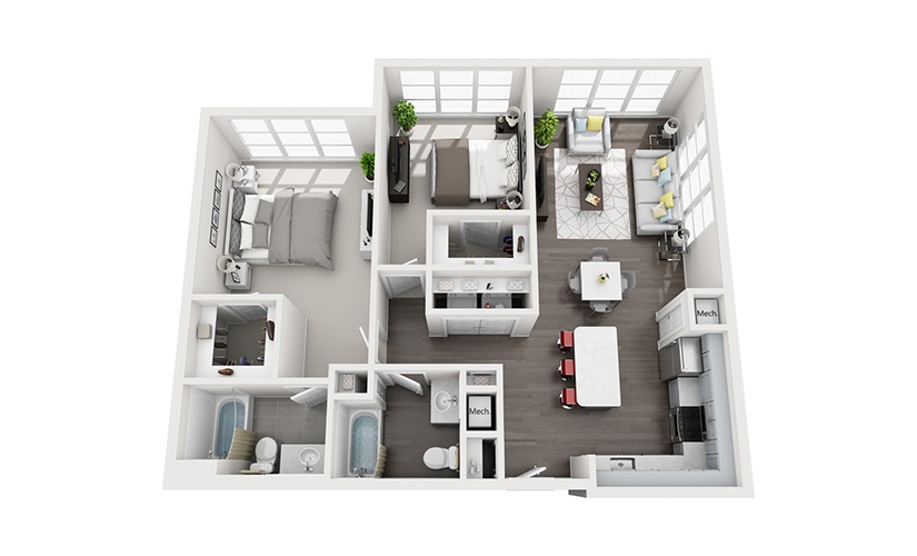 B4 - 2 bedroom floorplan layout with 2 bathrooms and 1080 square feet